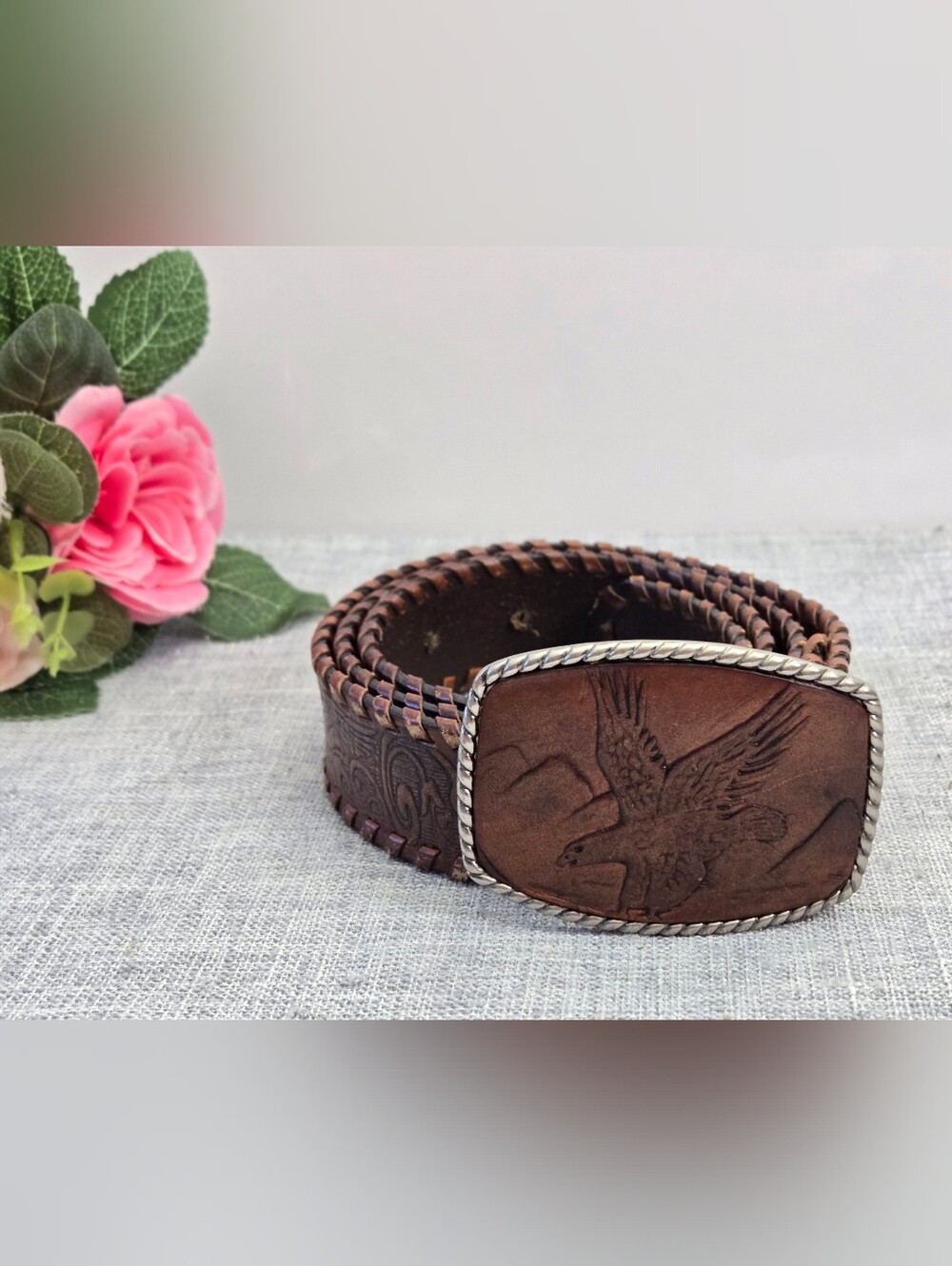 Vintage Levi's Leather Western Belt Eagle Buckle Tooled Braided Trim Brown As Is